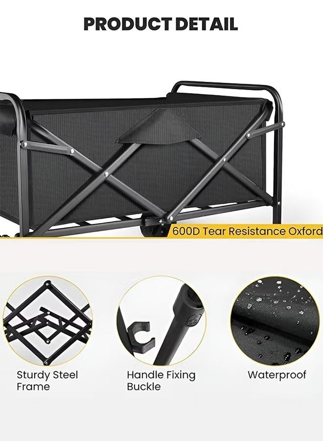 MOSH Foldable Shopping Cart – Heavy-Duty 100kg Utility Trolley with Adjustable Handle, 2 Pockets & 360° Wheels, Waterproof Fabric, Compact for Beach, Camping, Outdoor Garden Cart & Daily Use – Black - Image 2